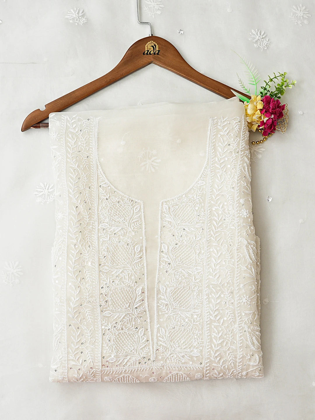Ada Hand Embroidered White Organza Lucknowi Chikankari Unstitched Kurta Dupatta Set With Pearl Work 01A873555