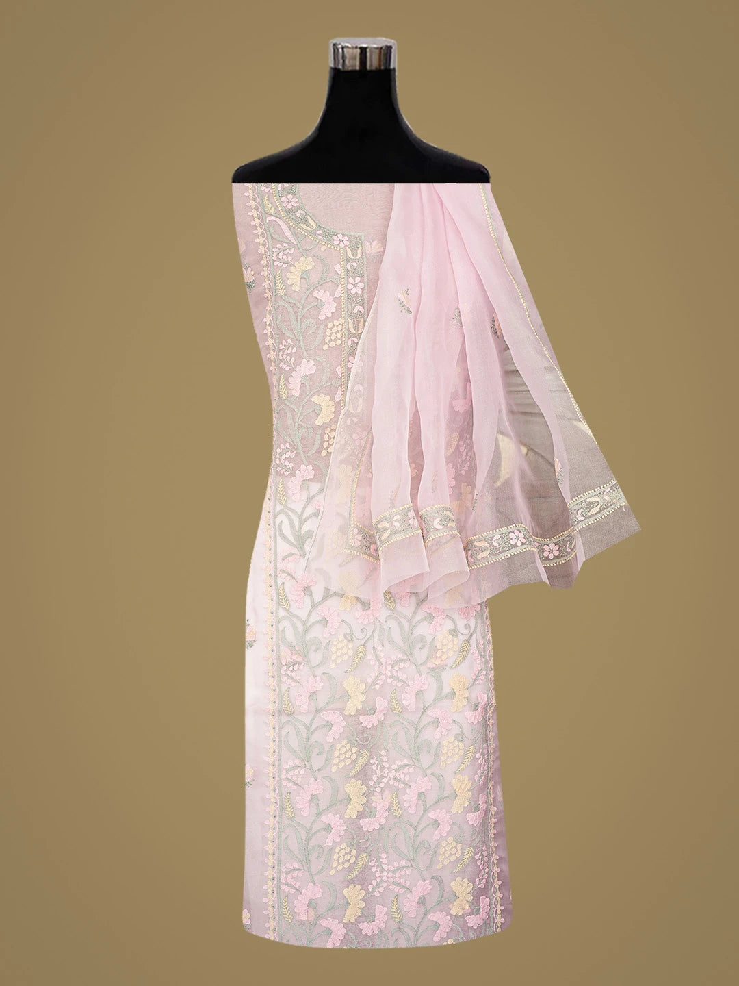 Ada Hand Embroidered Pink Organza Lucknowi Chikankari Unstitched Kurta Dupatta Set 01A888707