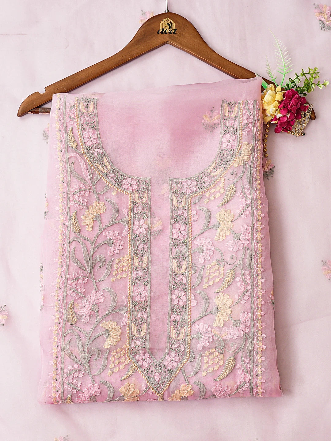 Ada Hand Embroidered Pink Organza Lucknowi Chikankari Unstitched Kurta Dupatta Set 01A888707