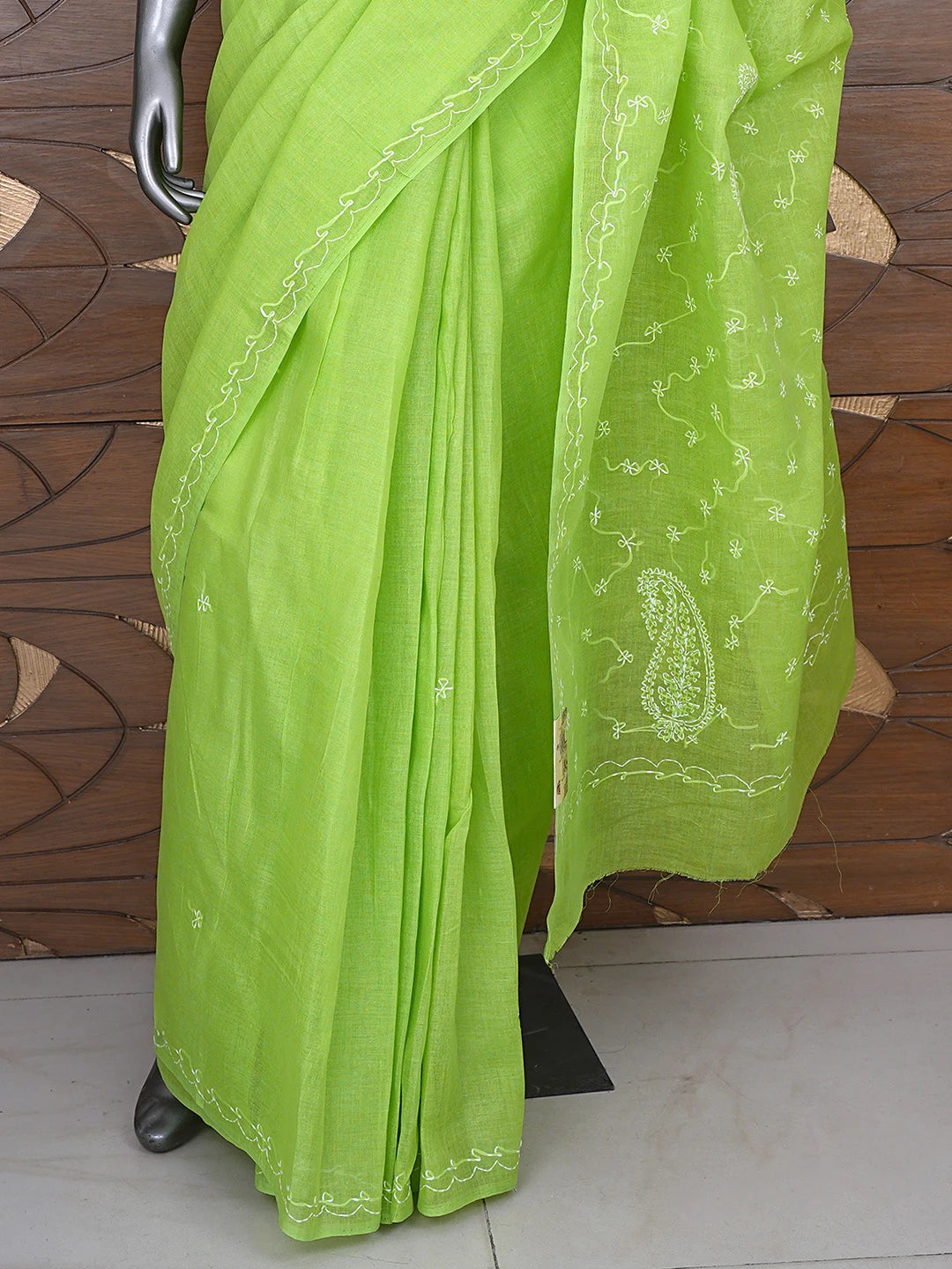 Ada Hand Embroidered Green Cotton Lucknowi Chikankari Saree and Blouse 01A882873