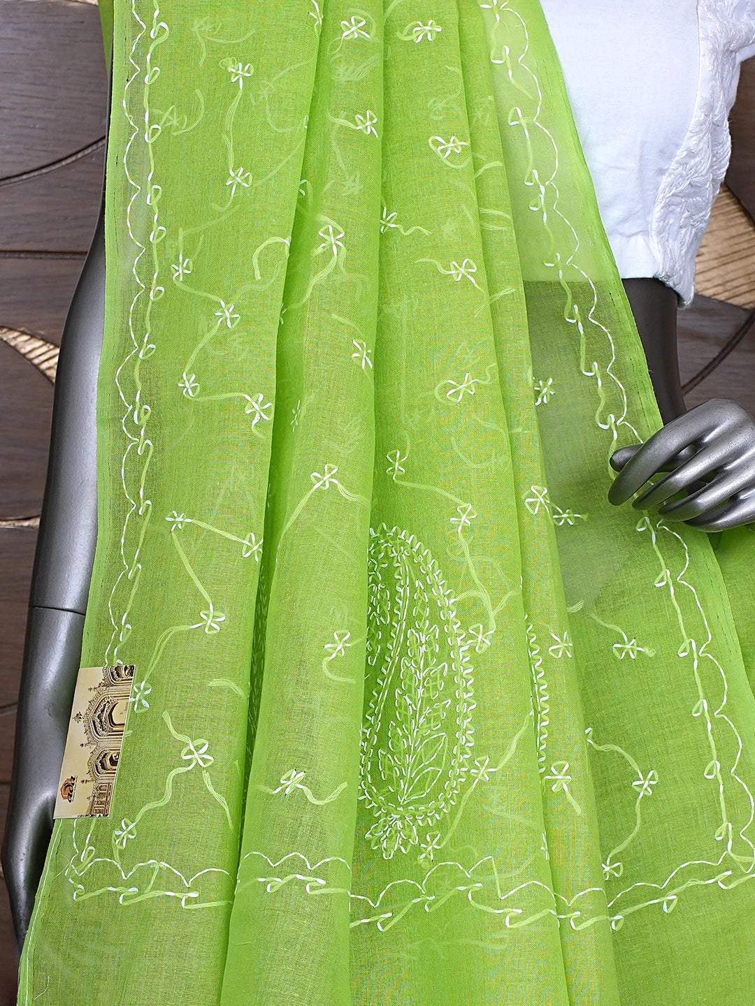Ada Hand Embroidered Green Cotton Lucknowi Chikankari Saree and Blouse 01A882873
