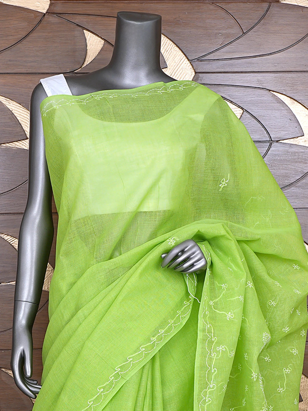 Ada Hand Embroidered Green Cotton Lucknowi Chikankari Saree and Blouse 01A882873