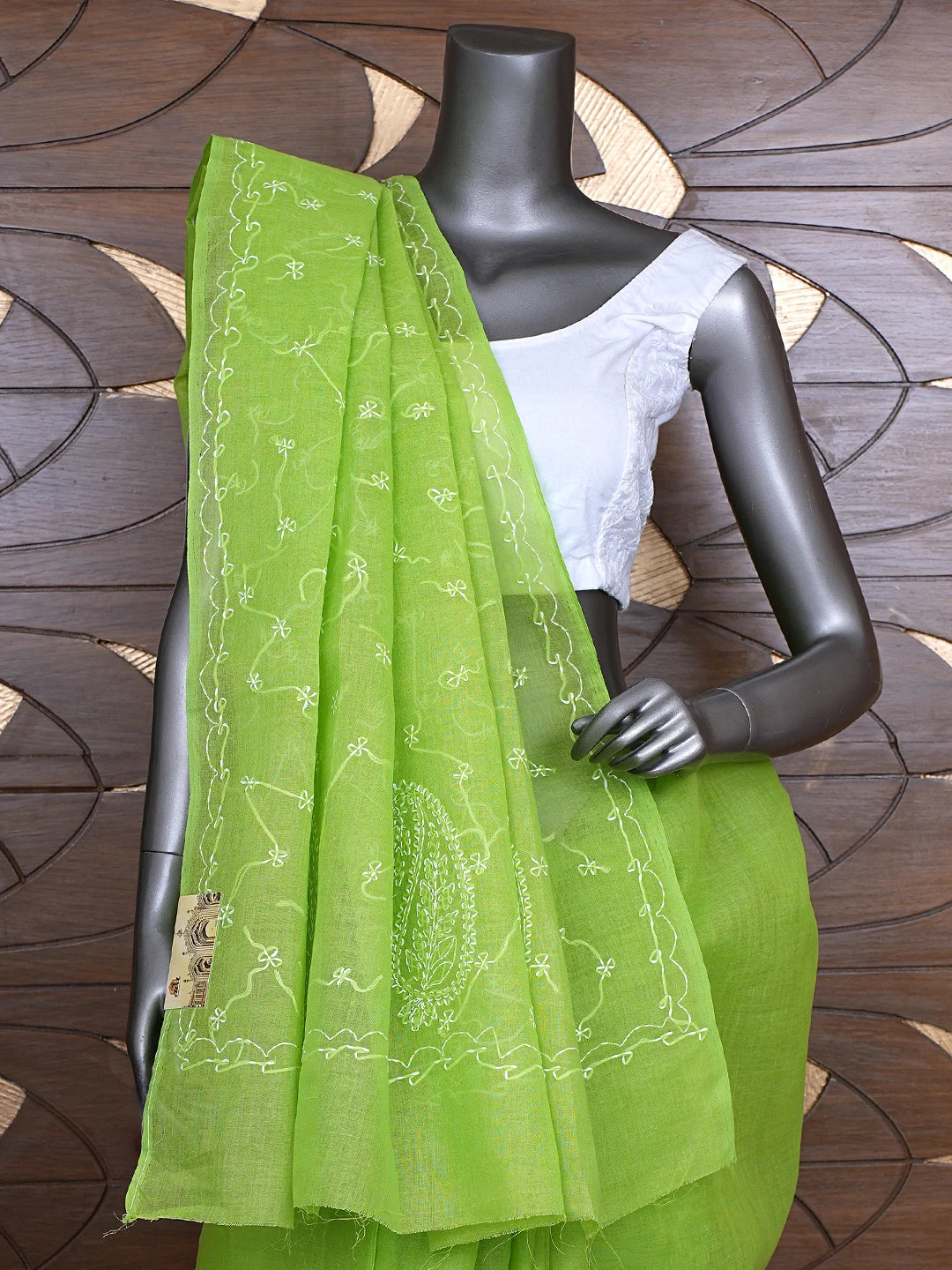 Ada Hand Embroidered Green Cotton Lucknowi Chikankari Saree and Blouse 01A882873
