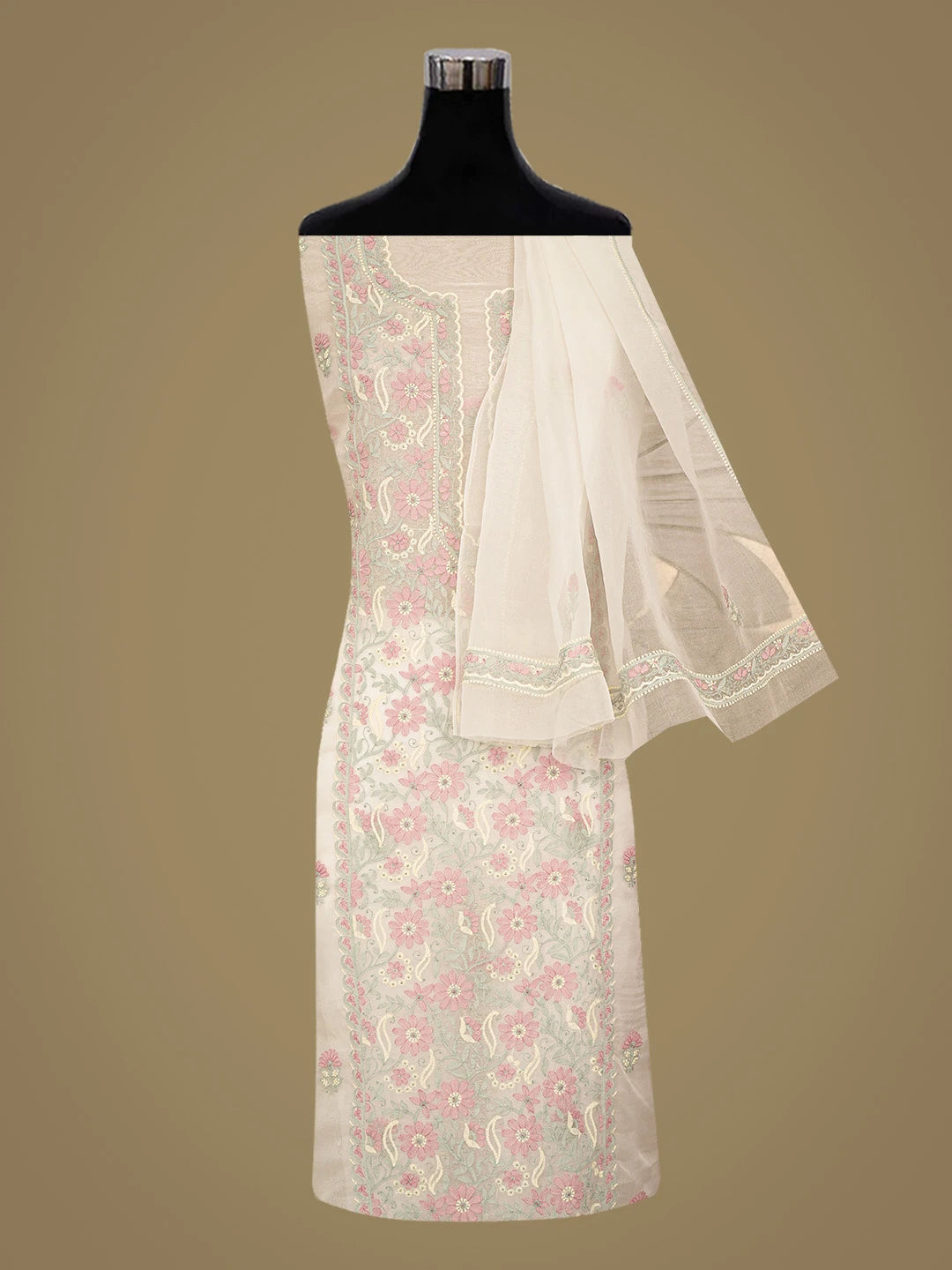 Ada Hand Embroidered White Eggshell Organza Lucknowi Chikankari Unstitched Kurta Dupatta Set 01A888706