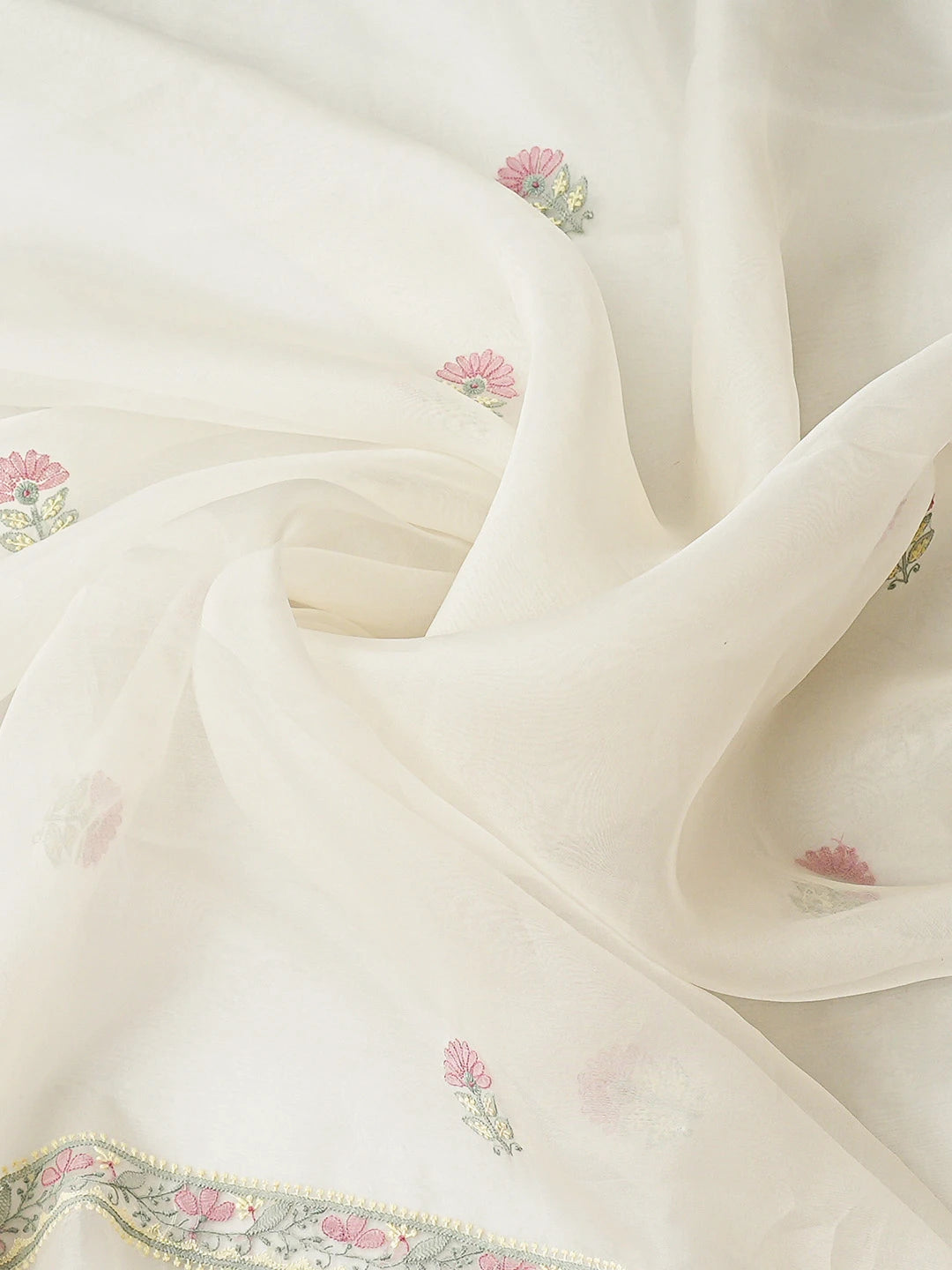Ada Hand Embroidered White Eggshell Organza Lucknowi Chikankari Unstitched Kurta Dupatta Set 01A888706