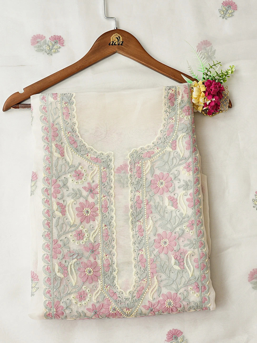 Ada Hand Embroidered White Eggshell Organza Lucknowi Chikankari Unstitched Kurta Dupatta Set 01A888706