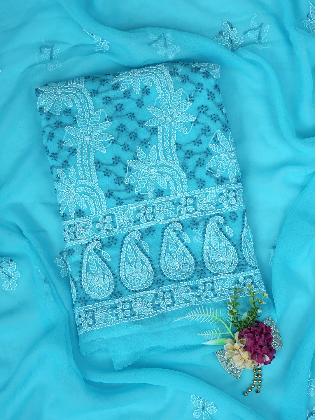 Ada Hand Embroidered Blue Georgette Lucknowi Chikankari Unstitched Suit Piece 01A872115
