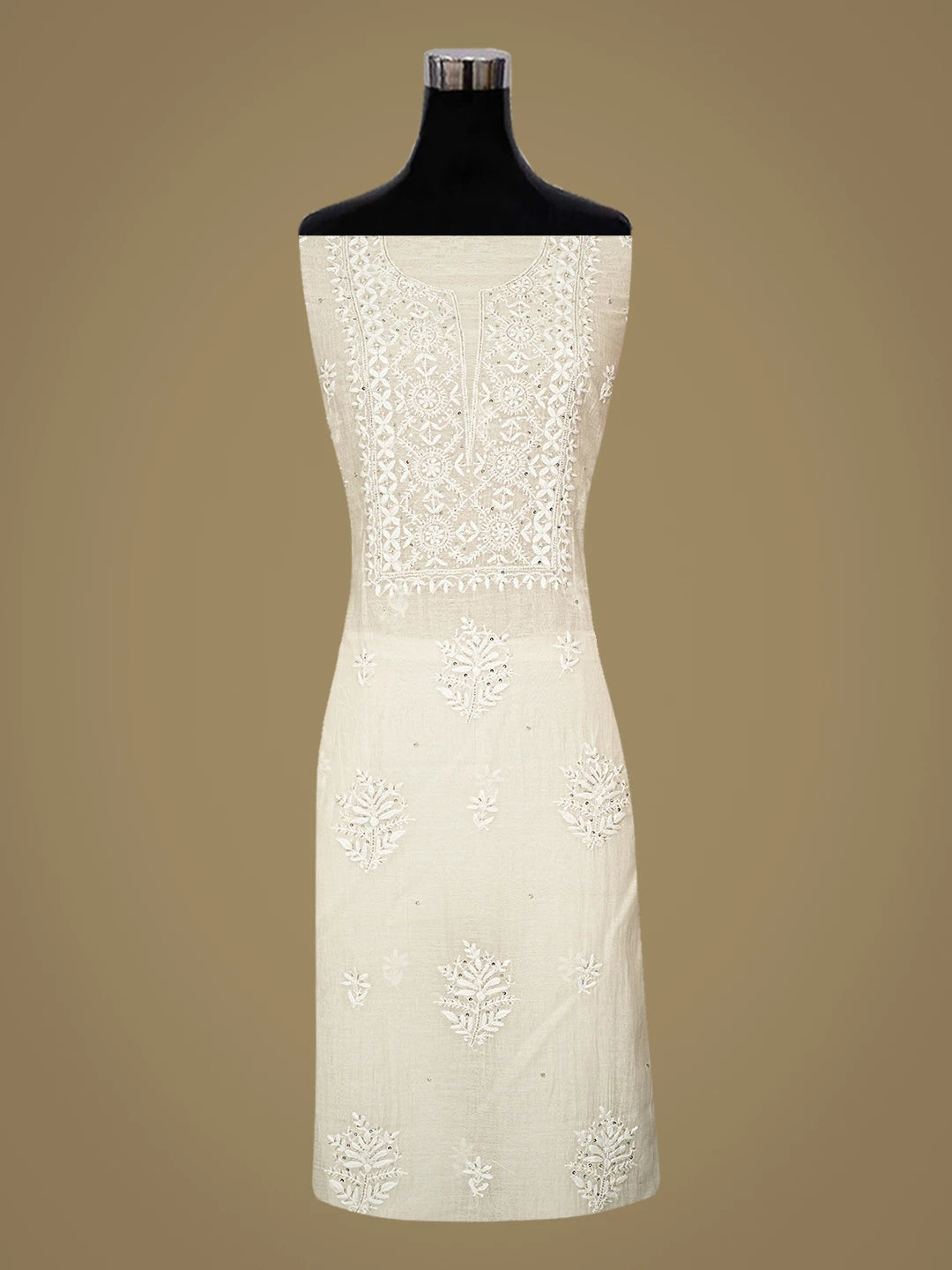 Ada Hand Embroidered White Cosmic Latte Chanderi Lucknowi Chikankari Unstitched Kurta Dupatta Set With Sequinned Work 01A881363