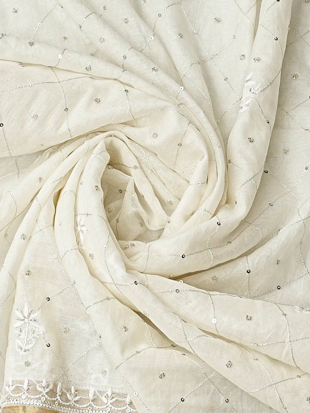 Ada Hand Embroidered White Cosmic Latte Chanderi Lucknowi Chikankari Unstitched Kurta Dupatta Set With Sequinned Work 01A881363