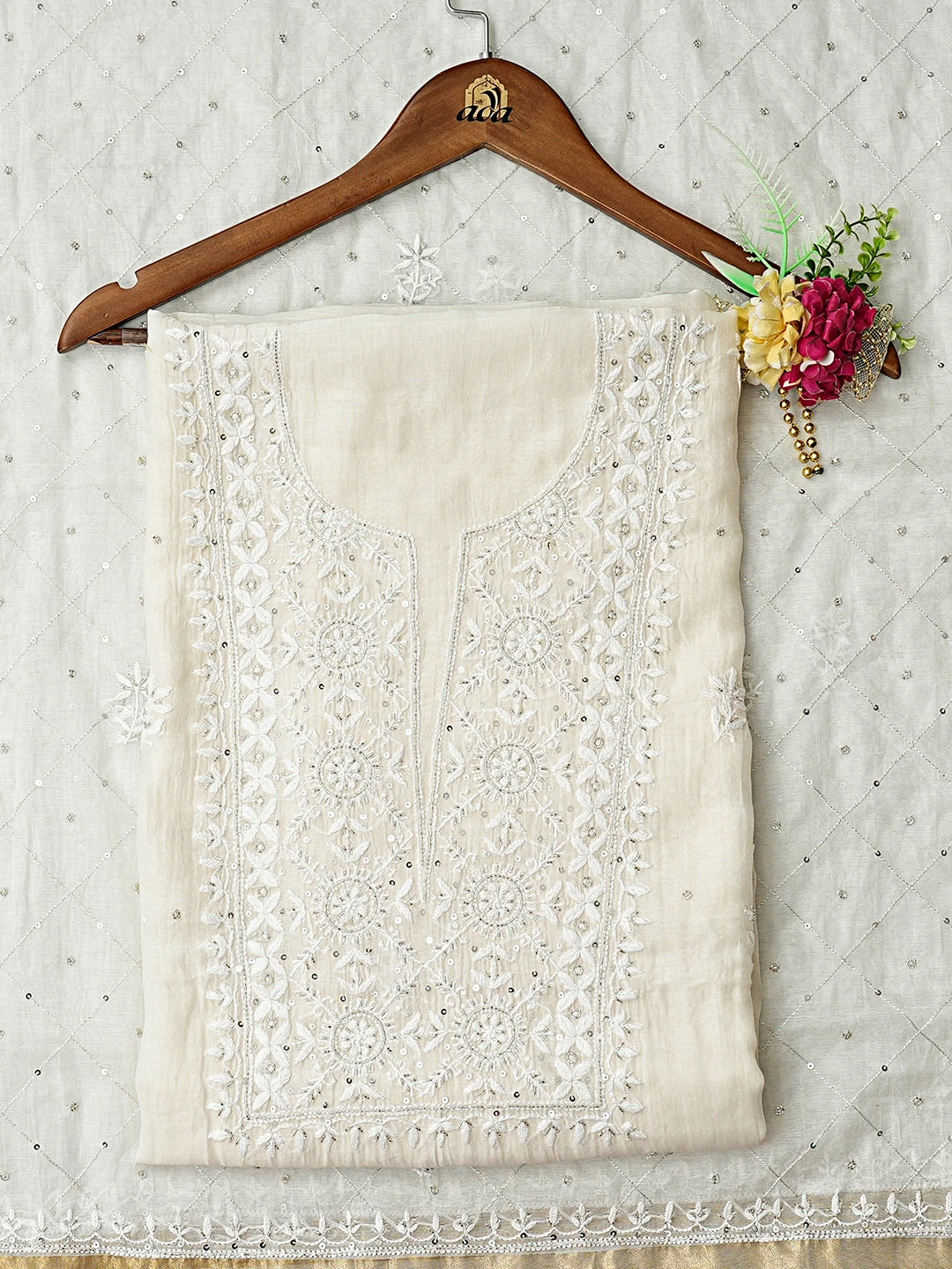 Ada Hand Embroidered White Cosmic Latte Chanderi Lucknowi Chikankari Unstitched Kurta Dupatta Set With Sequinned Work 01A881363