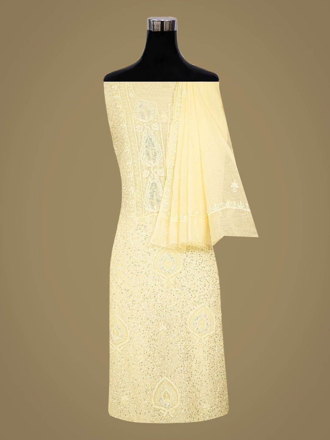Ada Hand Embroidered Lemon Chanderi Lucknowi Chikankari Unstitched Kurta Dupatta Set With Sequinned Work 01A622277