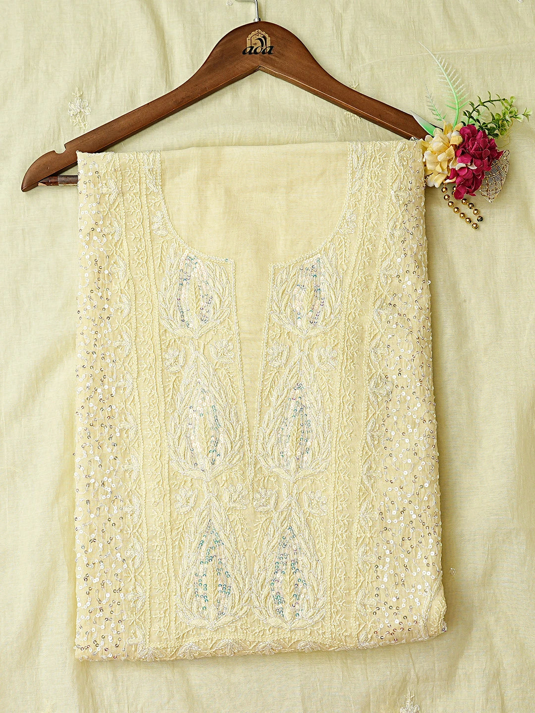 Ada Hand Embroidered Lemon Chanderi Lucknowi Chikankari Unstitched Kurta Dupatta Set With Sequinned Work 01A622277