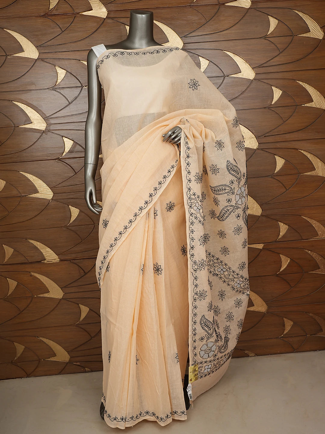 Ada Hand Embroidered Tawny Peach Cotton Lucknowi Chikankari Saree and Blouse 01A891806