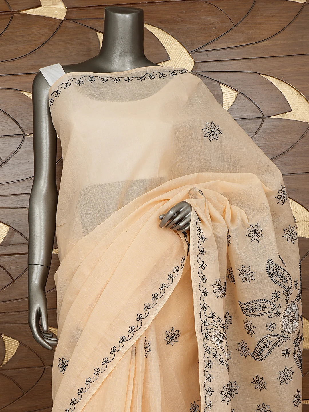 Ada Hand Embroidered Tawny Peach Cotton Lucknowi Chikankari Saree and Blouse 01A891806