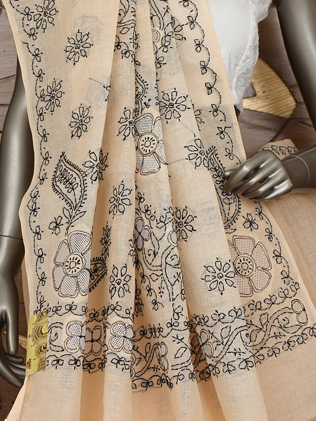 Ada Hand Embroidered Tawny Peach Cotton Lucknowi Chikankari Saree and Blouse 01A891806