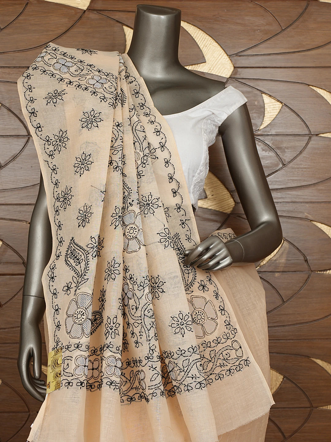 Ada Hand Embroidered Tawny Peach Cotton Lucknowi Chikankari Saree and Blouse 01A891806