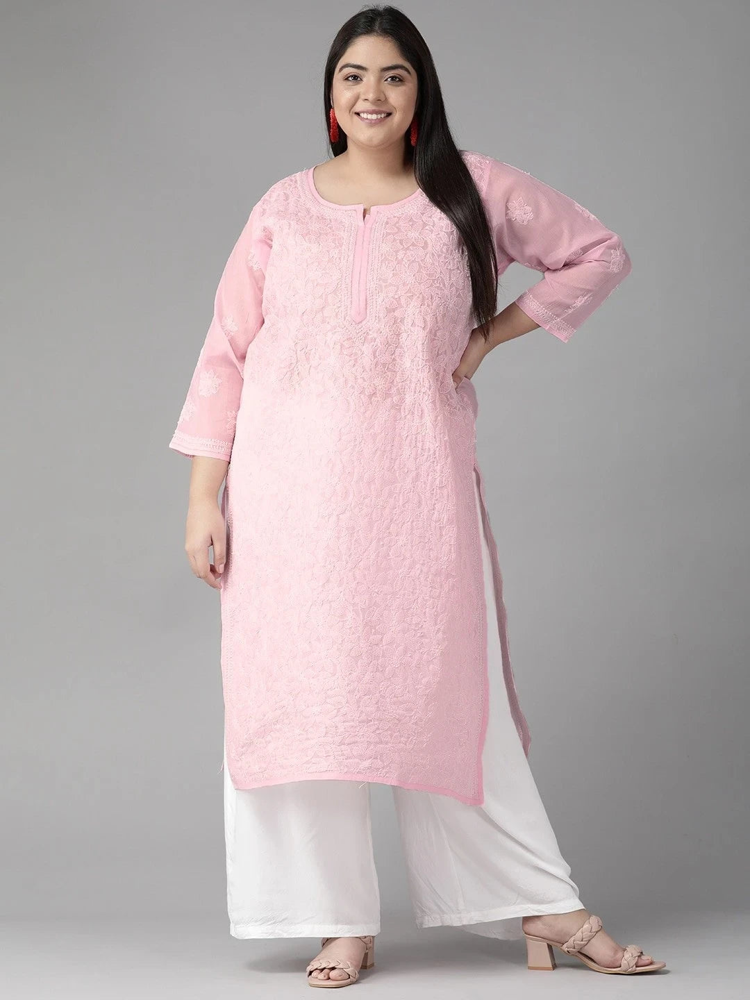 Ada Hand Embroidered Pink Cotton Lucknow Chikan Kurta A411243