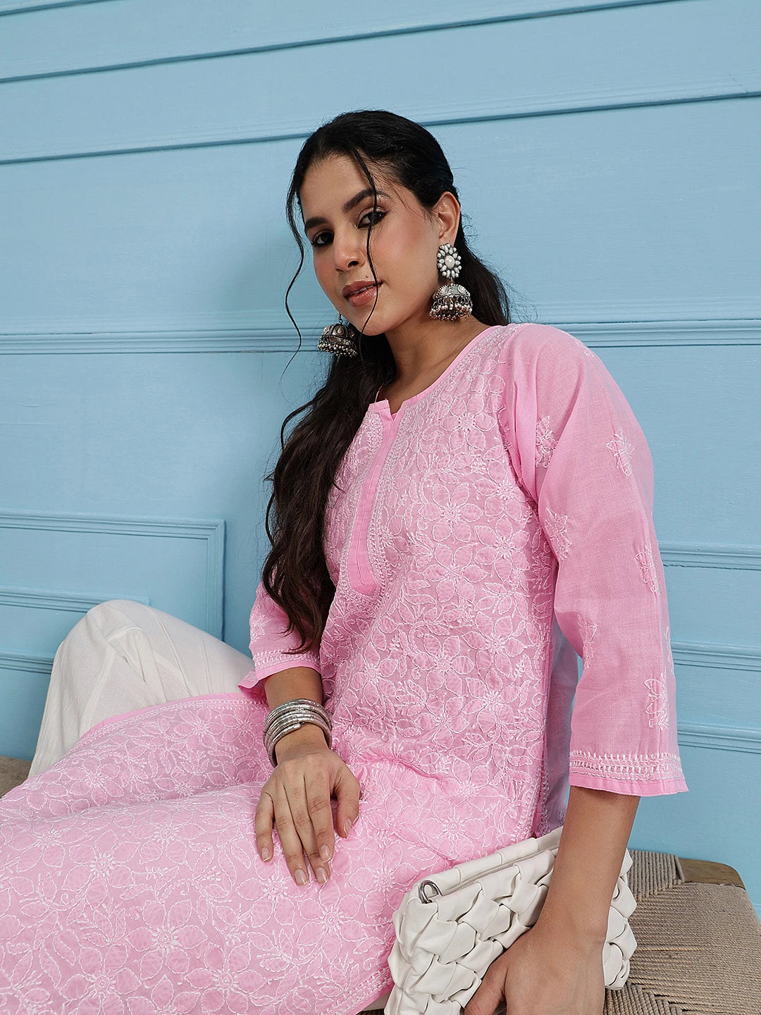 Ada Hand Embroidered Pink Cotton Lucknow Chikan Kurta A411243