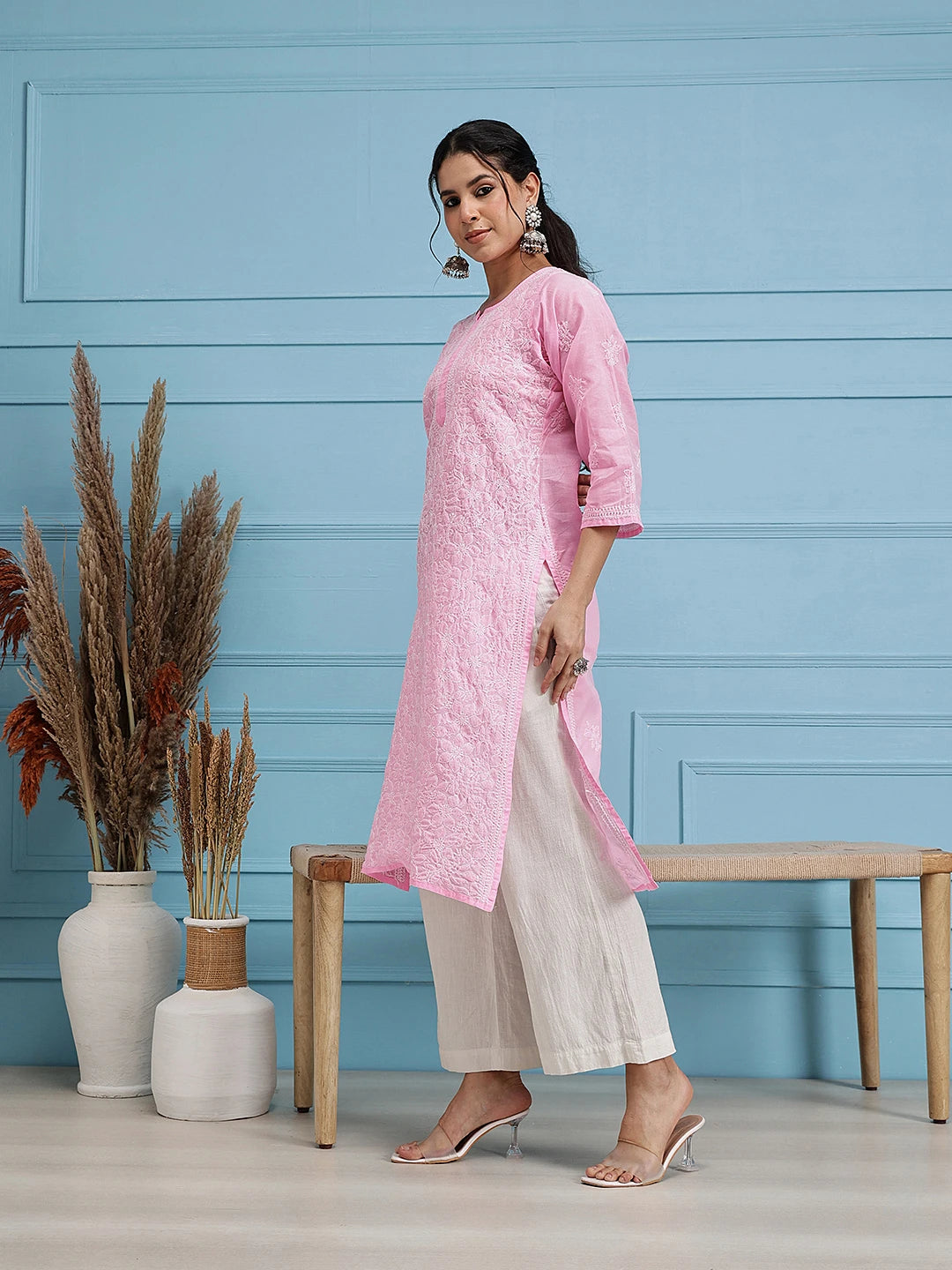Ada Hand Embroidered Pink Cotton Lucknow Chikan Kurta A411243