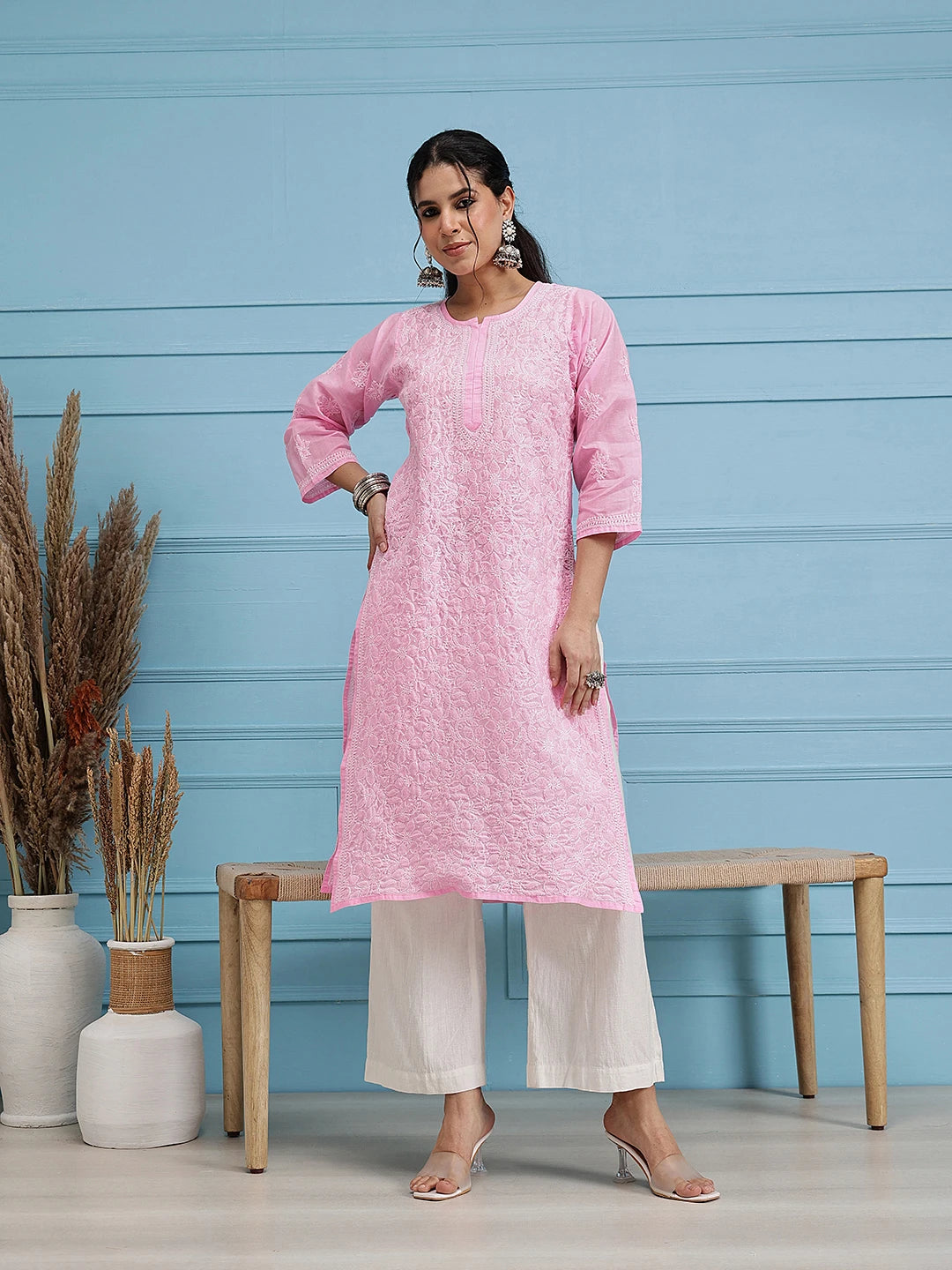 Ada Hand Embroidered Pink Cotton Lucknow Chikan Kurta A411243
