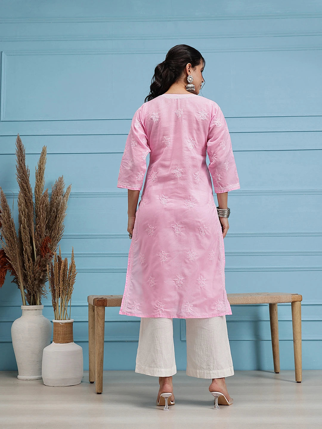 Ada Hand Embroidered Pink Cotton Lucknow Chikan Kurta A411243