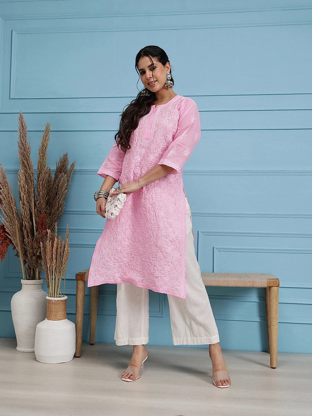 Ada Hand Embroidered Pink Cotton Lucknow Chikan Kurta A411243