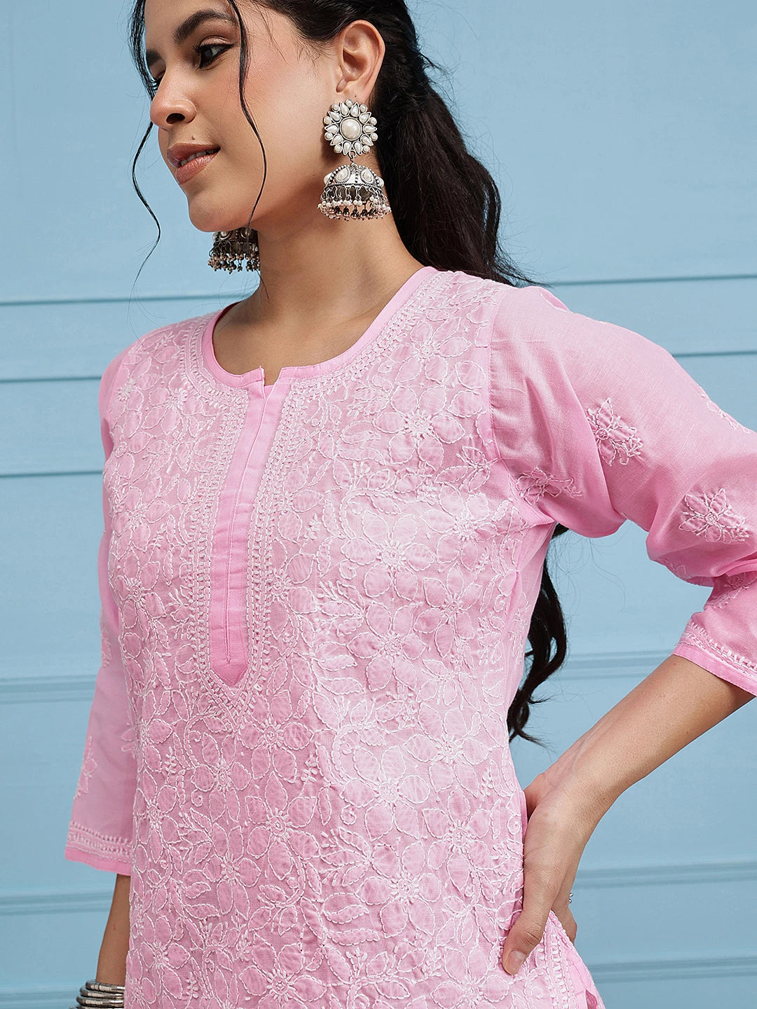 Ada Hand Embroidered Pink Cotton Lucknow Chikan Kurta A411243