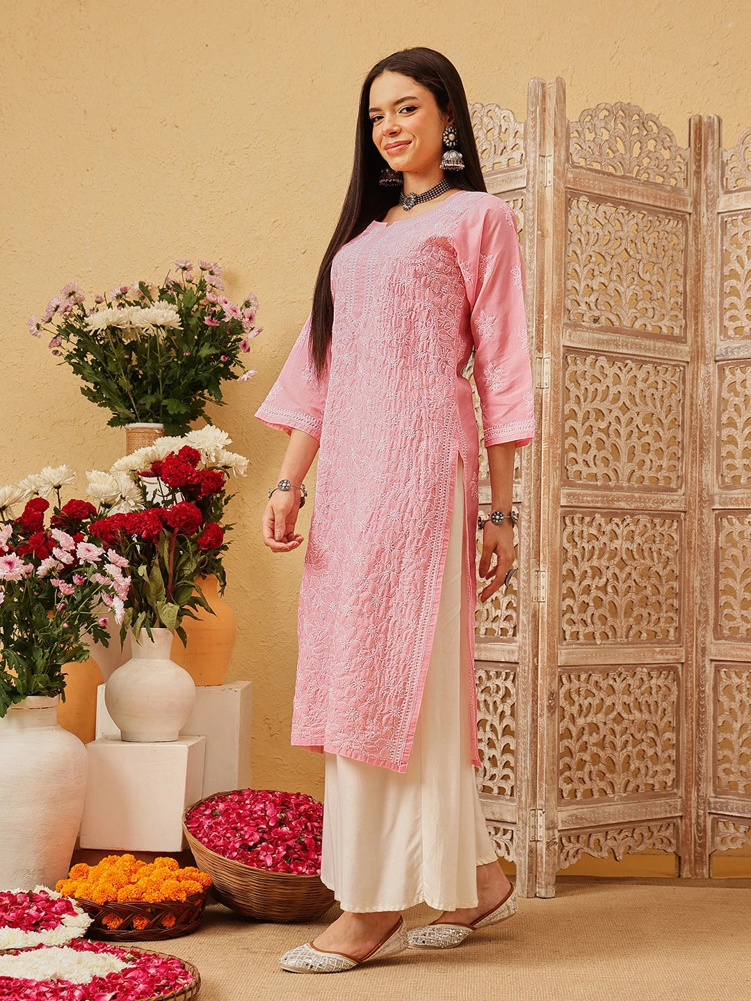 Ada Hand Embroidered Dark Peach Cotton Lucknowi Chikankari Straight Kurta A411794