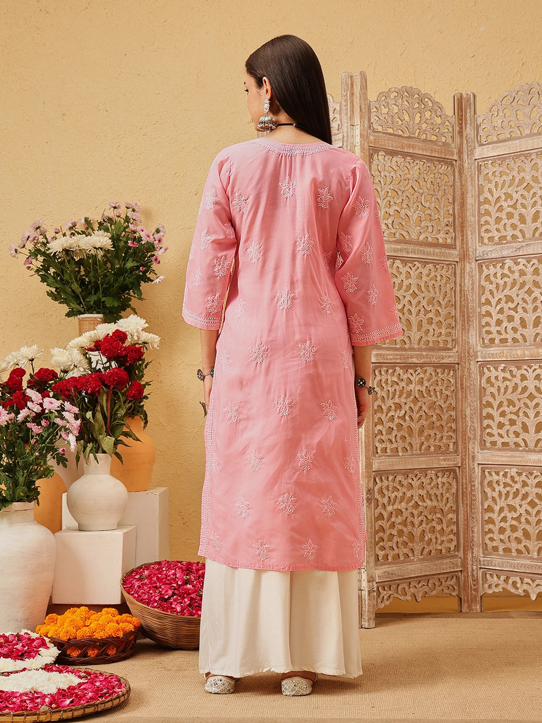 Ada Hand Embroidered Dark Peach Cotton Lucknowi Chikankari Straight Kurta A411794