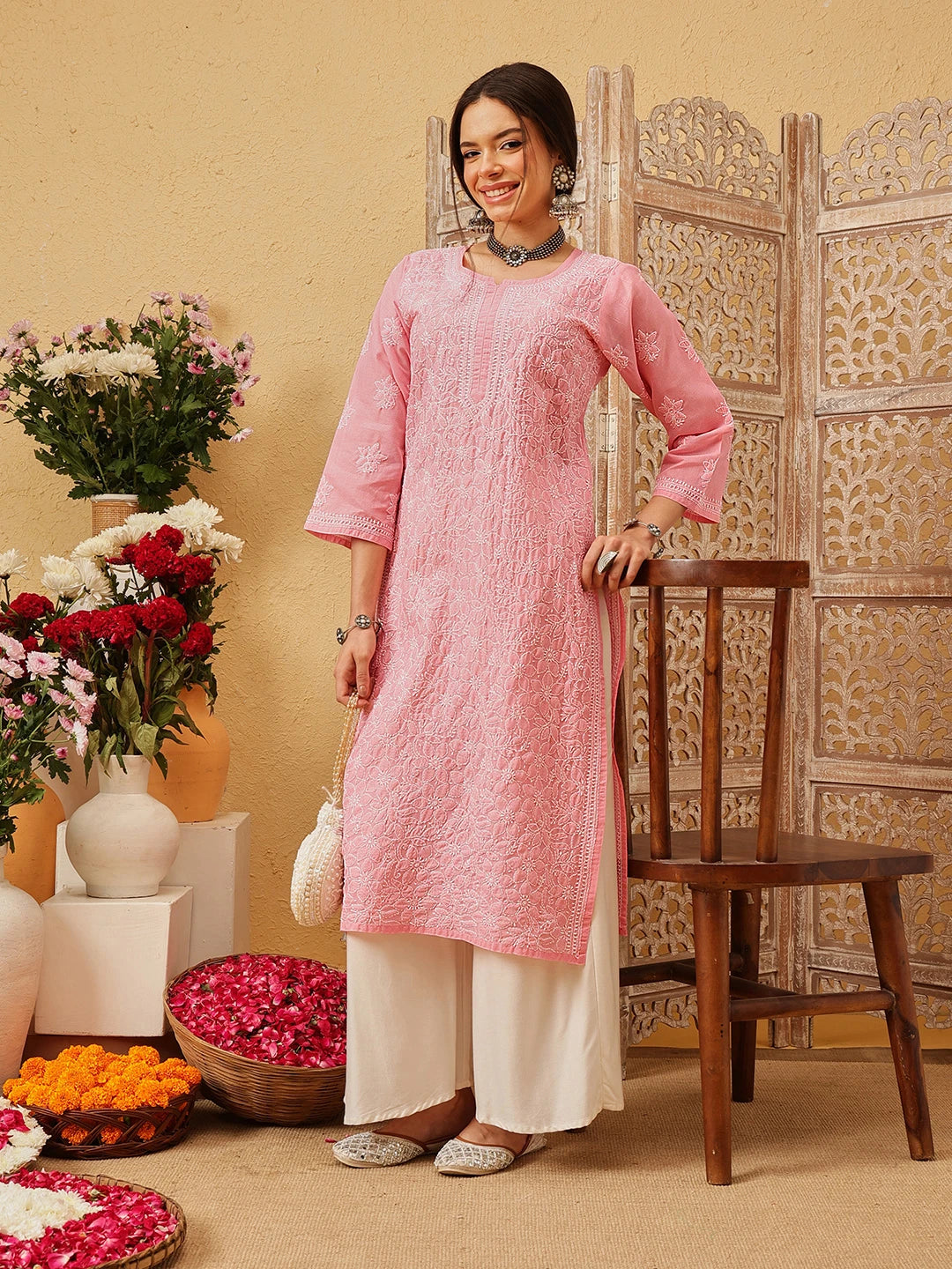 Ada Hand Embroidered Dark Peach Cotton Lucknowi Chikankari Straight Kurta A411794