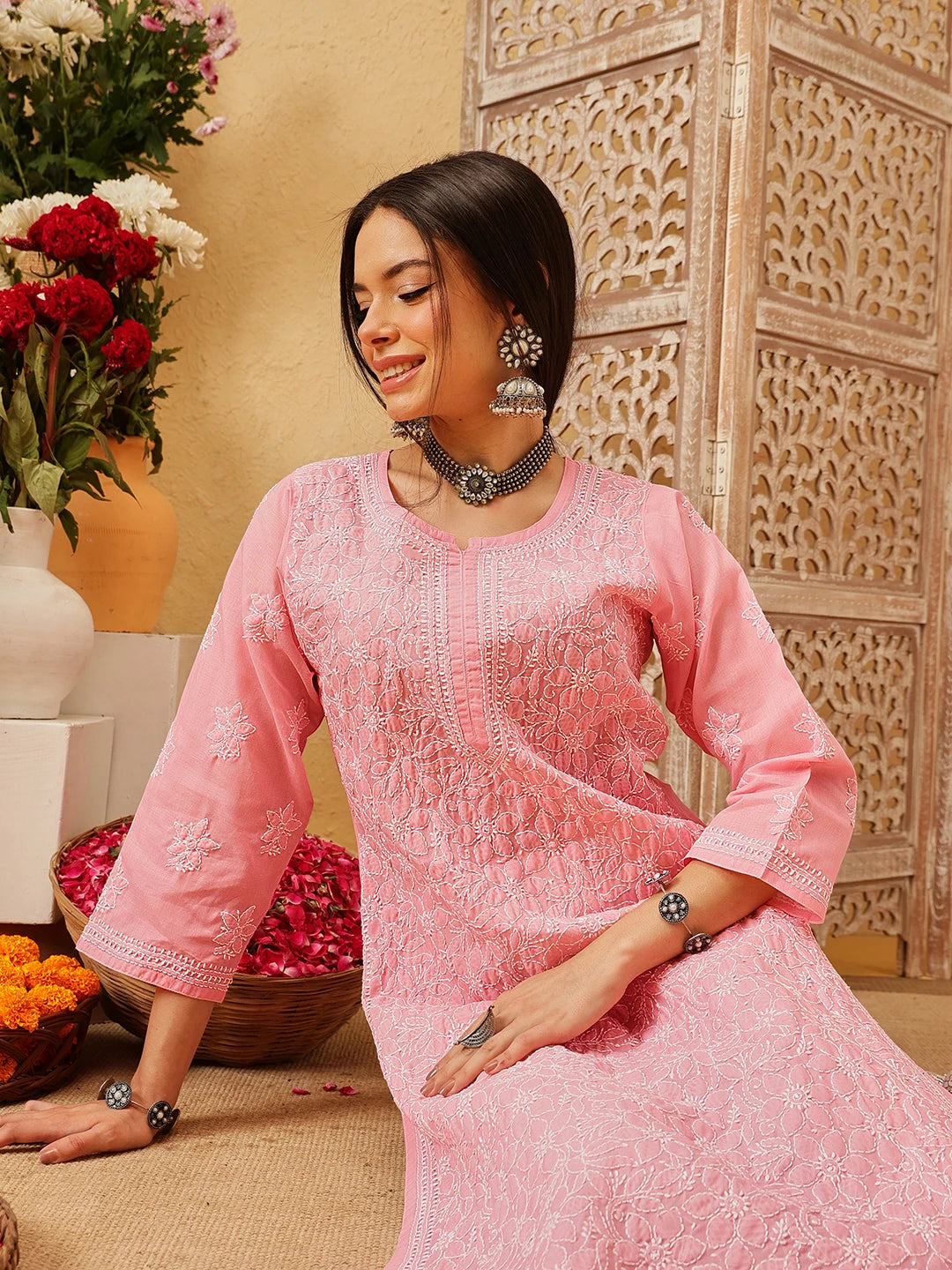 Ada Hand Embroidered Dark Peach Cotton Lucknowi Chikankari Straight Kurta A411794
