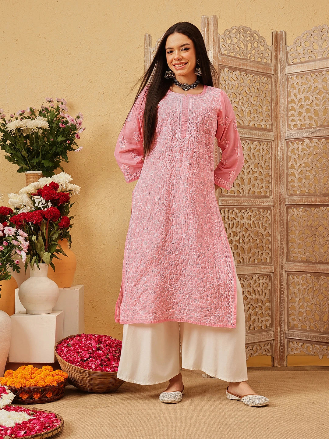 Ada Hand Embroidered Dark Peach Cotton Lucknowi Chikankari Straight Kurta A411794
