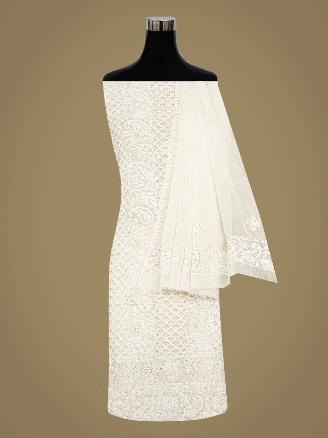 Ada Hand Embroidered White Pure Georgette Lucknowi Chikankari Unstitched Kurta Dupatta Set With Cutdana Work 01A837350