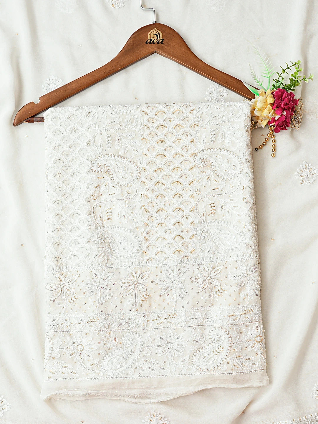 Ada Hand Embroidered White Pure Georgette Lucknowi Chikankari Unstitched Kurta Dupatta Set With Cutdana Work 01A837350