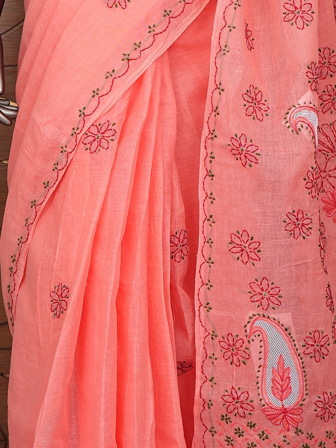 Ada Hand Embroidered Carrot Pink Cotton Lucknowi Chikankari Saree and Blouse 01A891796