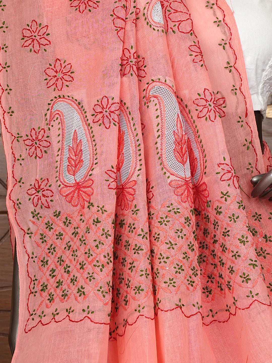 Ada Hand Embroidered Carrot Pink Cotton Lucknowi Chikankari Saree and Blouse 01A891796