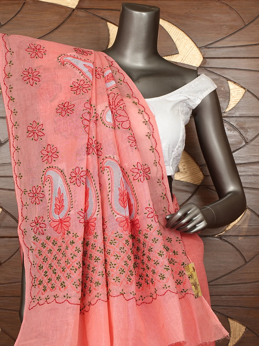 Ada Hand Embroidered Carrot Pink Cotton Lucknowi Chikankari Saree and Blouse 01A891796