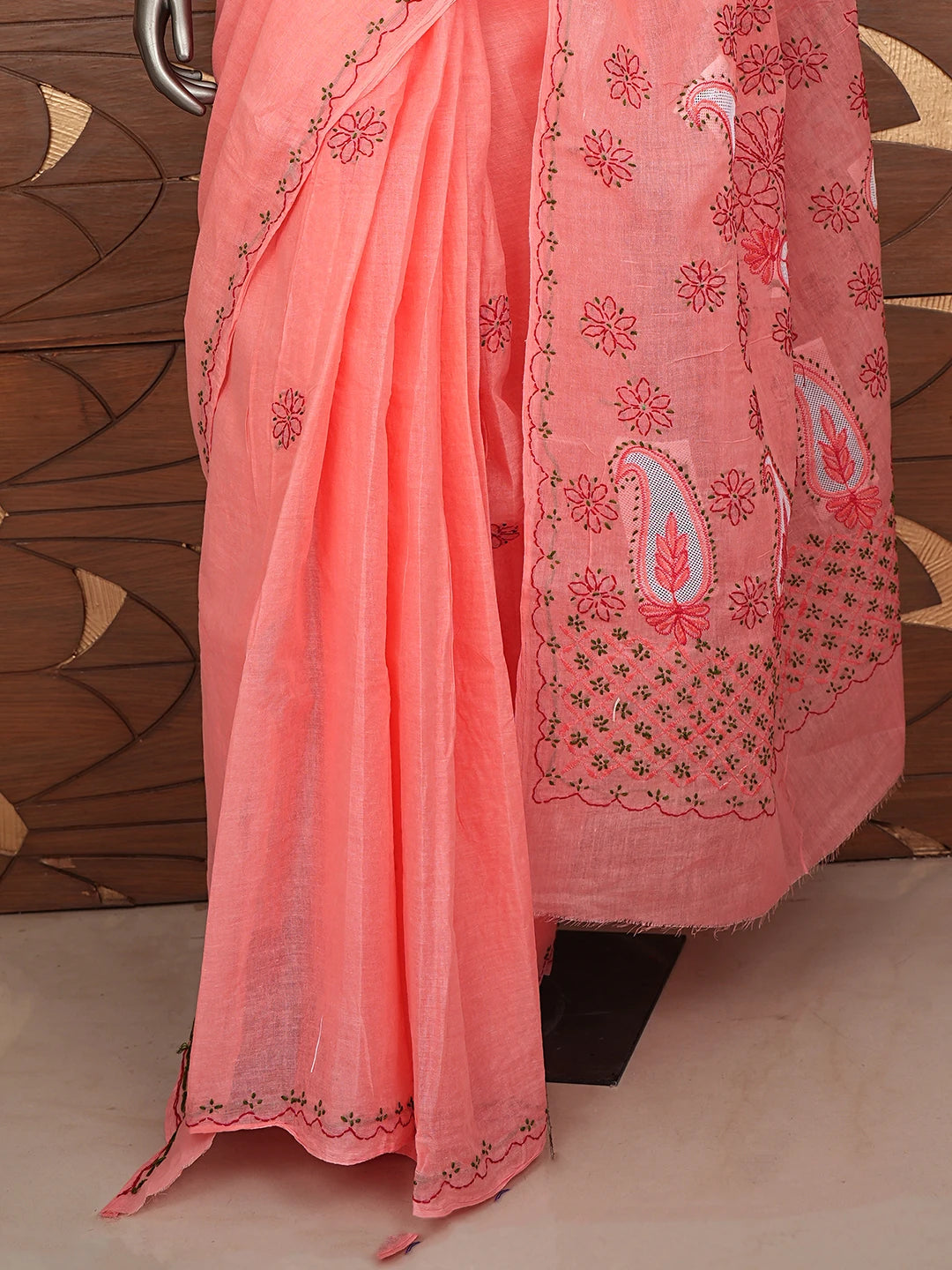 Ada Hand Embroidered Carrot Pink Cotton Lucknowi Chikankari Saree and Blouse 01A891796