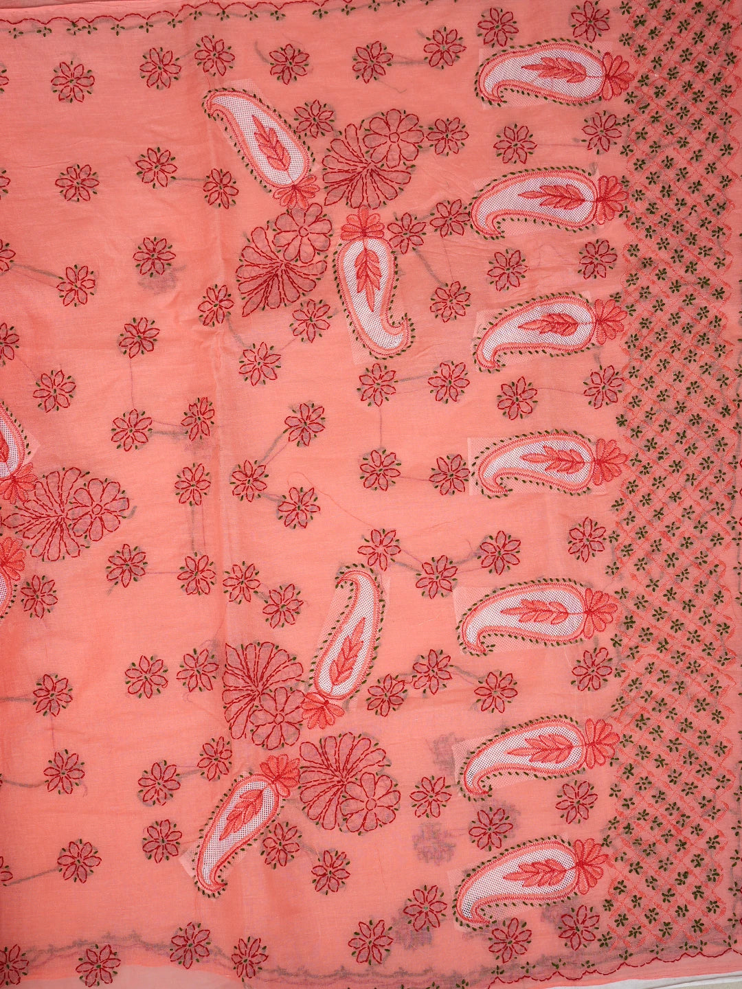 Ada Hand Embroidered Carrot Pink Cotton Lucknowi Chikankari Saree and Blouse 01A891796