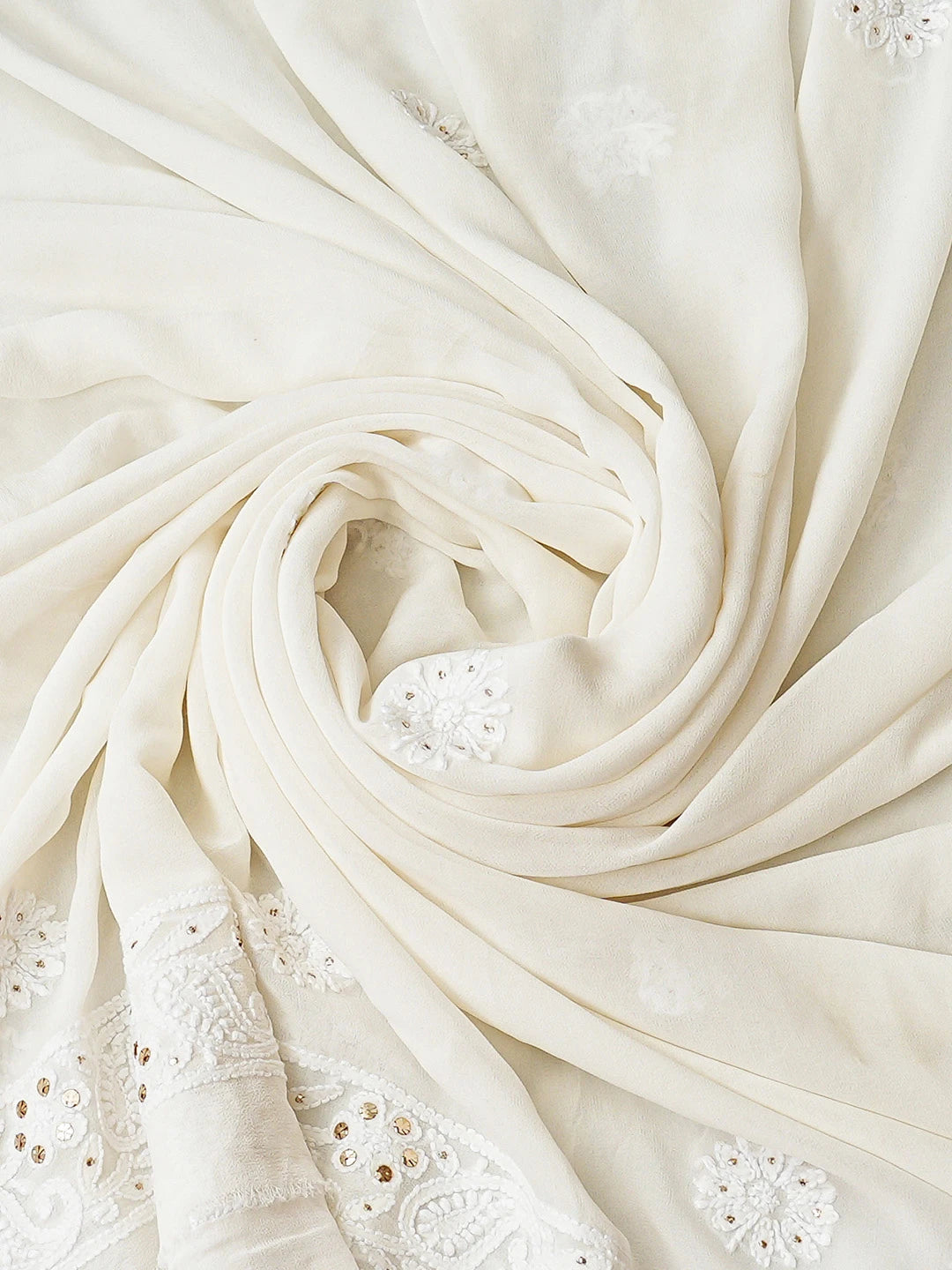 Ada Hand Embroidered White Pure Georgette Lucknowi Chikankari Unstitched Kurta Dupatta Set With Muqaish Work 01A846081