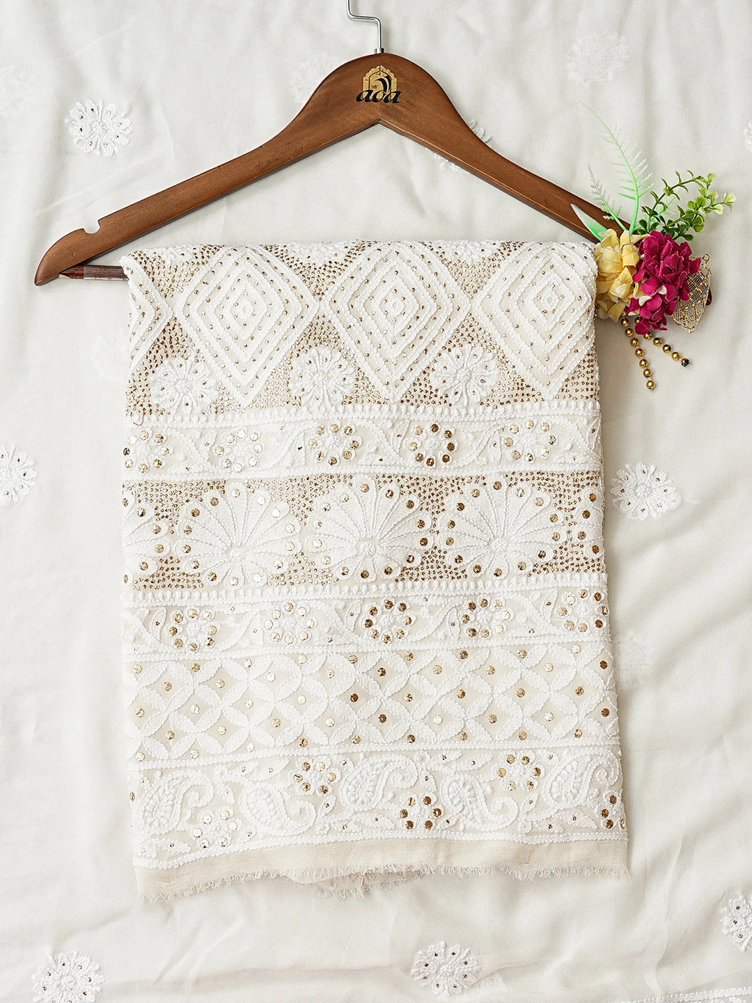 Ada Hand Embroidered White Pure Georgette Lucknowi Chikankari Unstitched Kurta Dupatta Set With Muqaish Work 01A846081