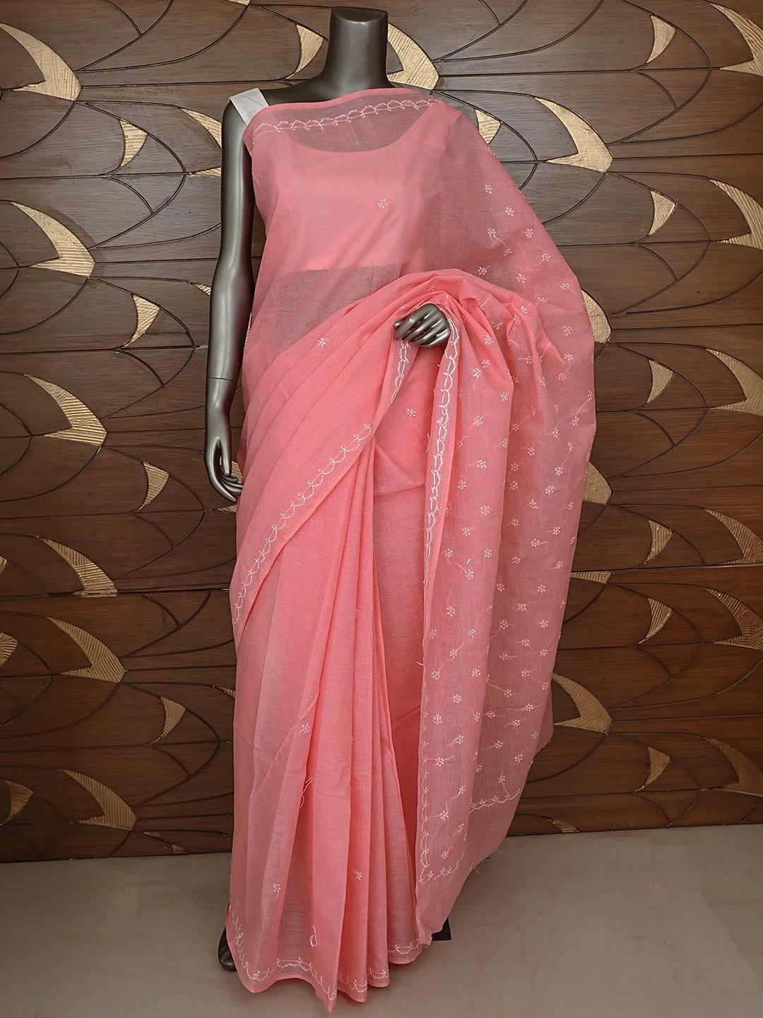 Ada Hand Embroidered Carrot Pink Cotton Lucknowi Chikankari Saree and Blouse 01A882909