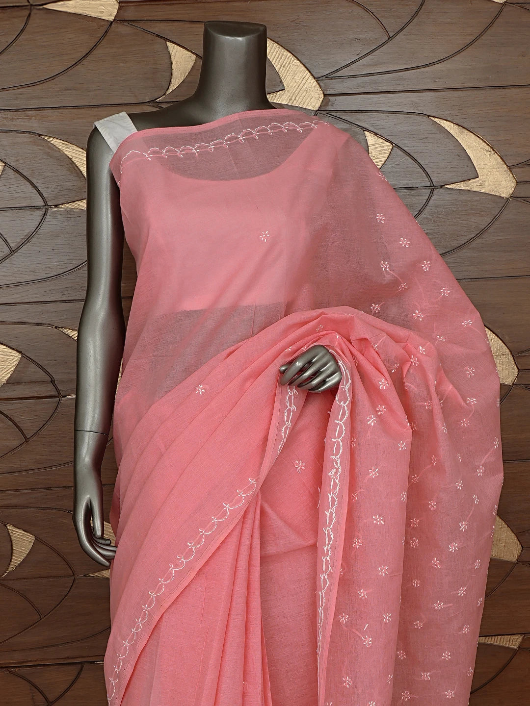Ada Hand Embroidered Carrot Pink Cotton Lucknowi Chikankari Saree and Blouse 01A882909