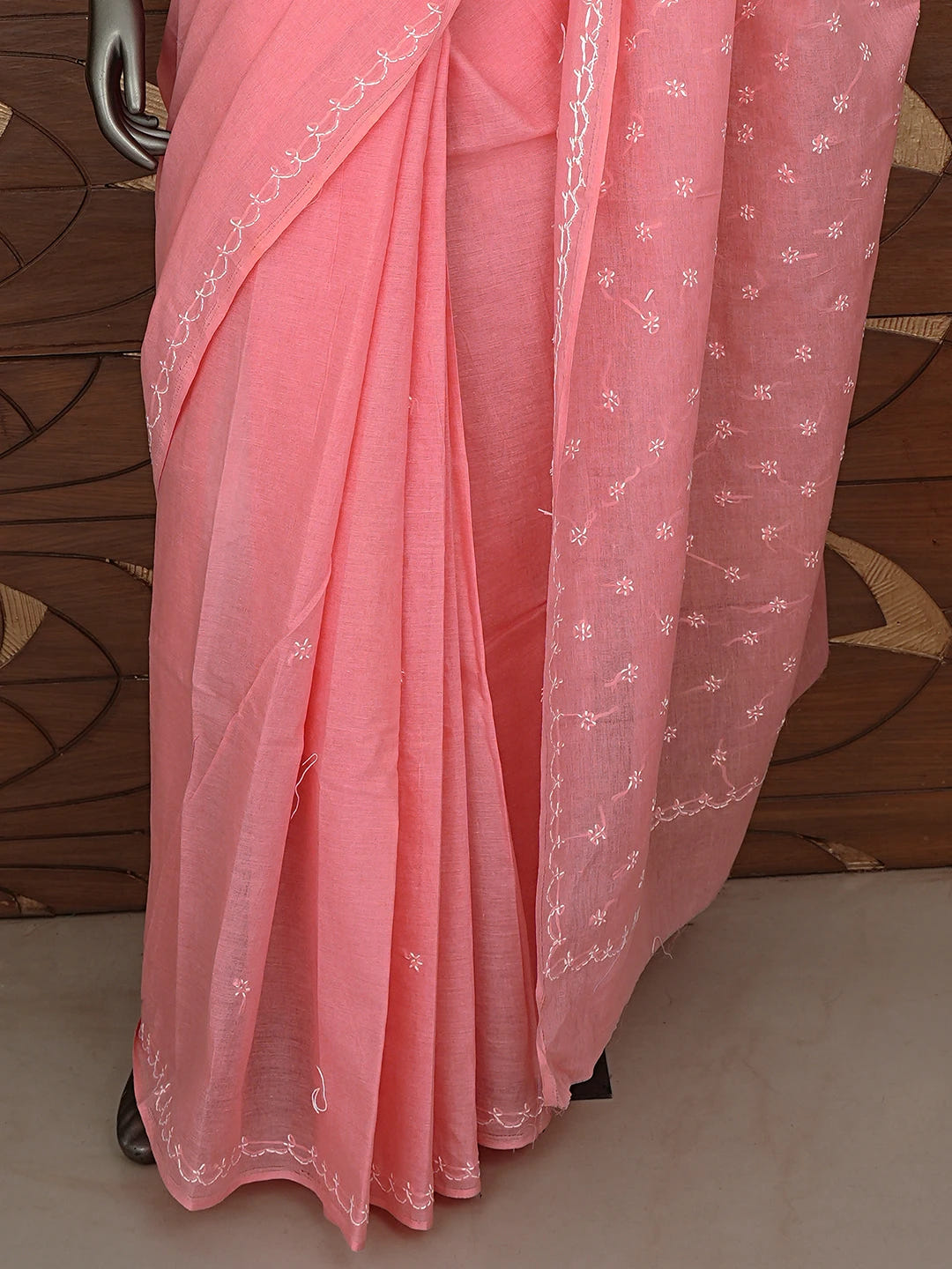 Ada Hand Embroidered Carrot Pink Cotton Lucknowi Chikankari Saree and Blouse 01A882909
