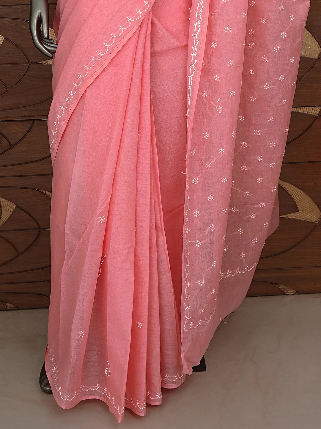 Ada Hand Embroidered Carrot Pink Cotton Lucknowi Chikankari Saree and Blouse 01A882909