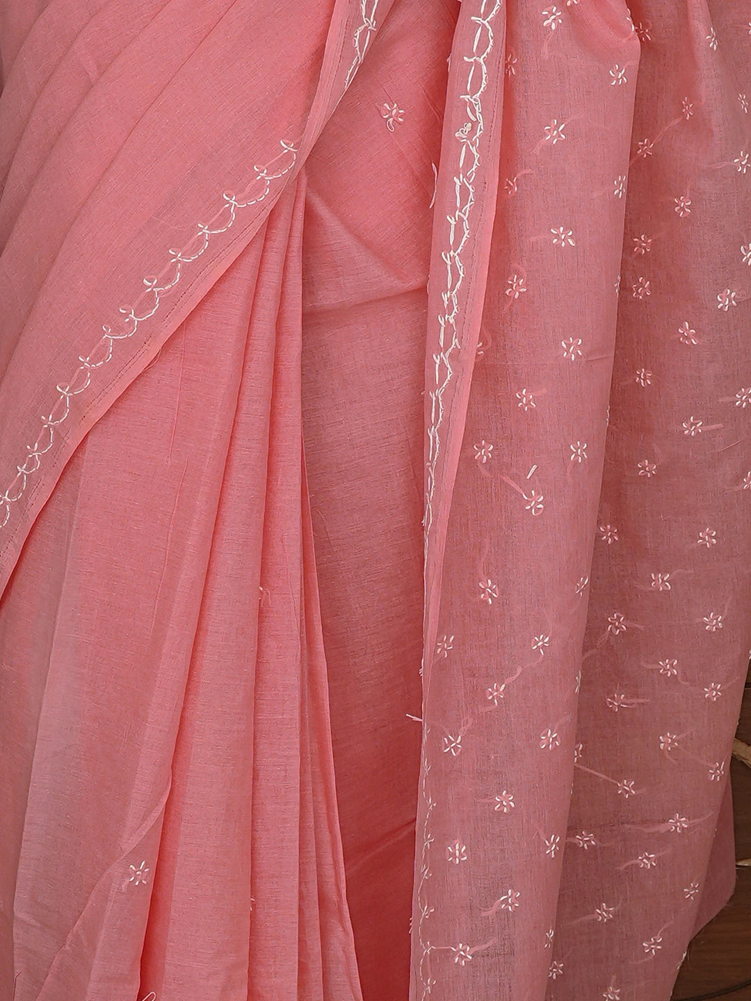 Ada Hand Embroidered Carrot Pink Cotton Lucknowi Chikankari Saree and Blouse 01A882909