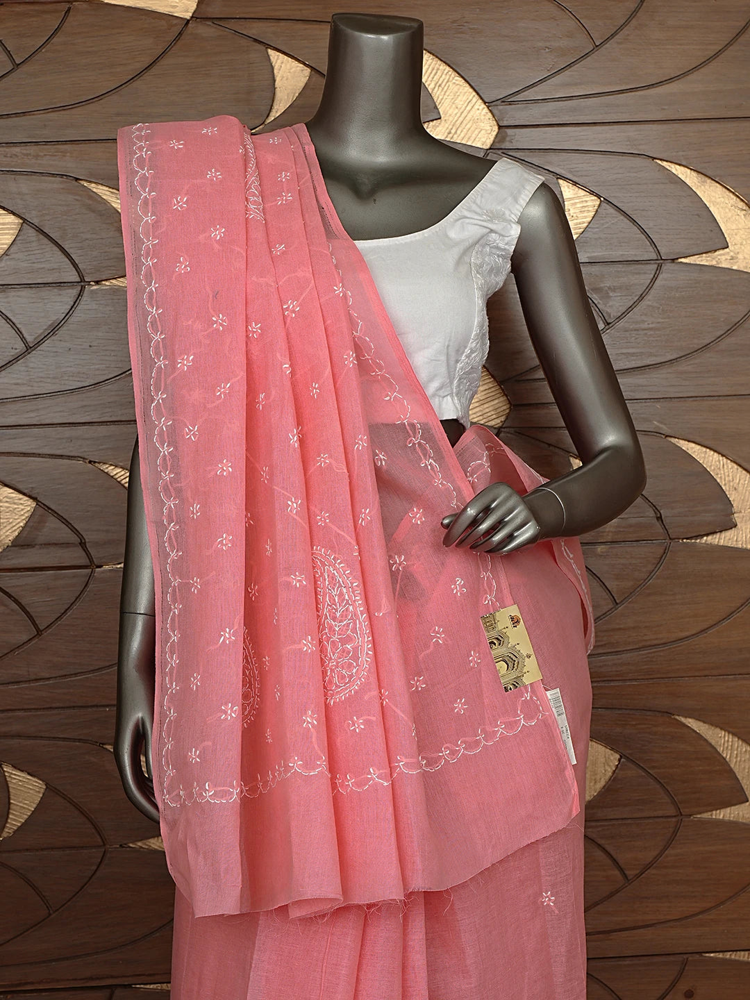 Ada Hand Embroidered Carrot Pink Cotton Lucknowi Chikankari Saree and Blouse 01A882909