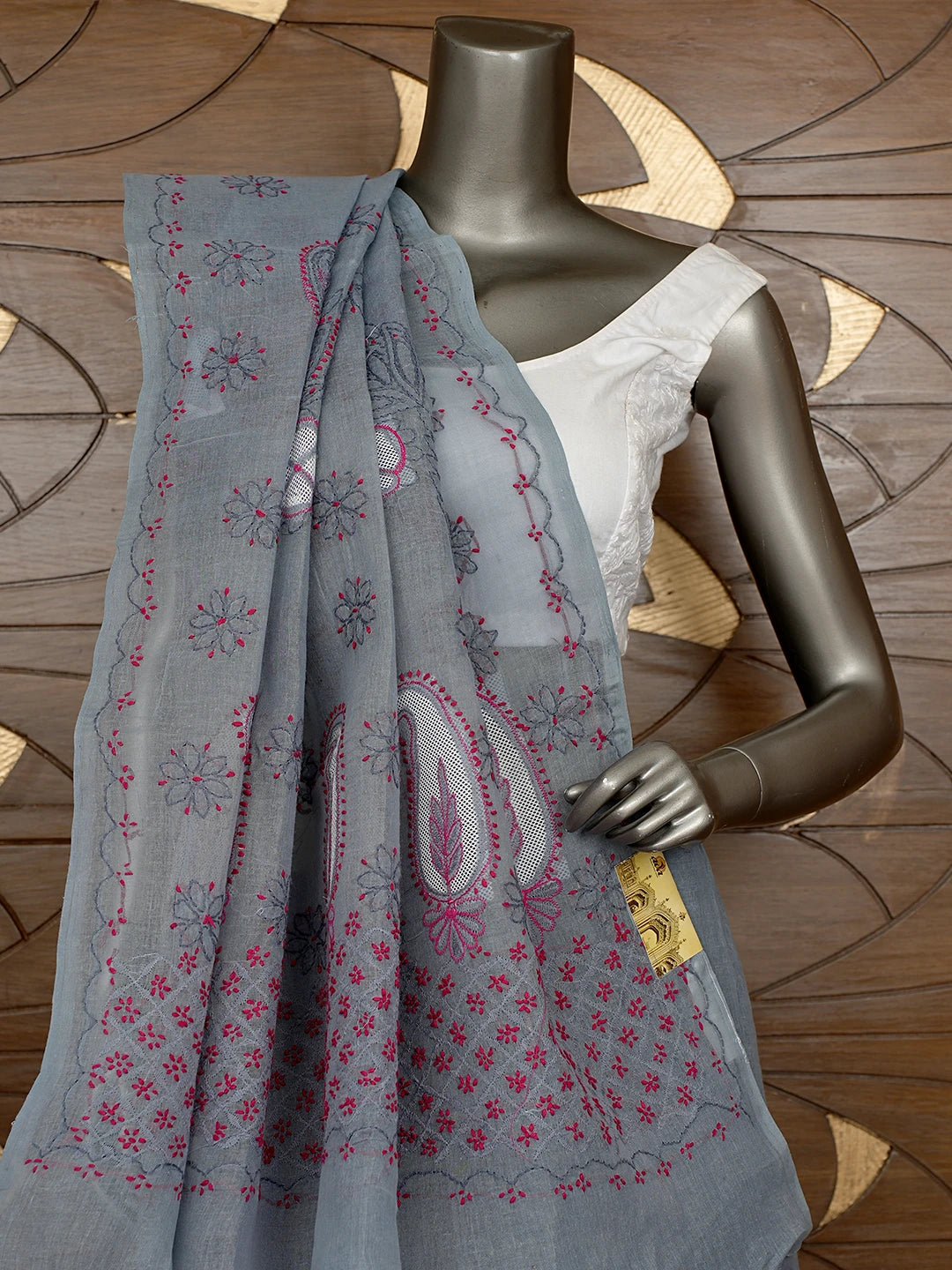 Ada Hand Embroidered Slate Grey Cotton Lucknowi Chikankari Saree and Blouse 01A891807