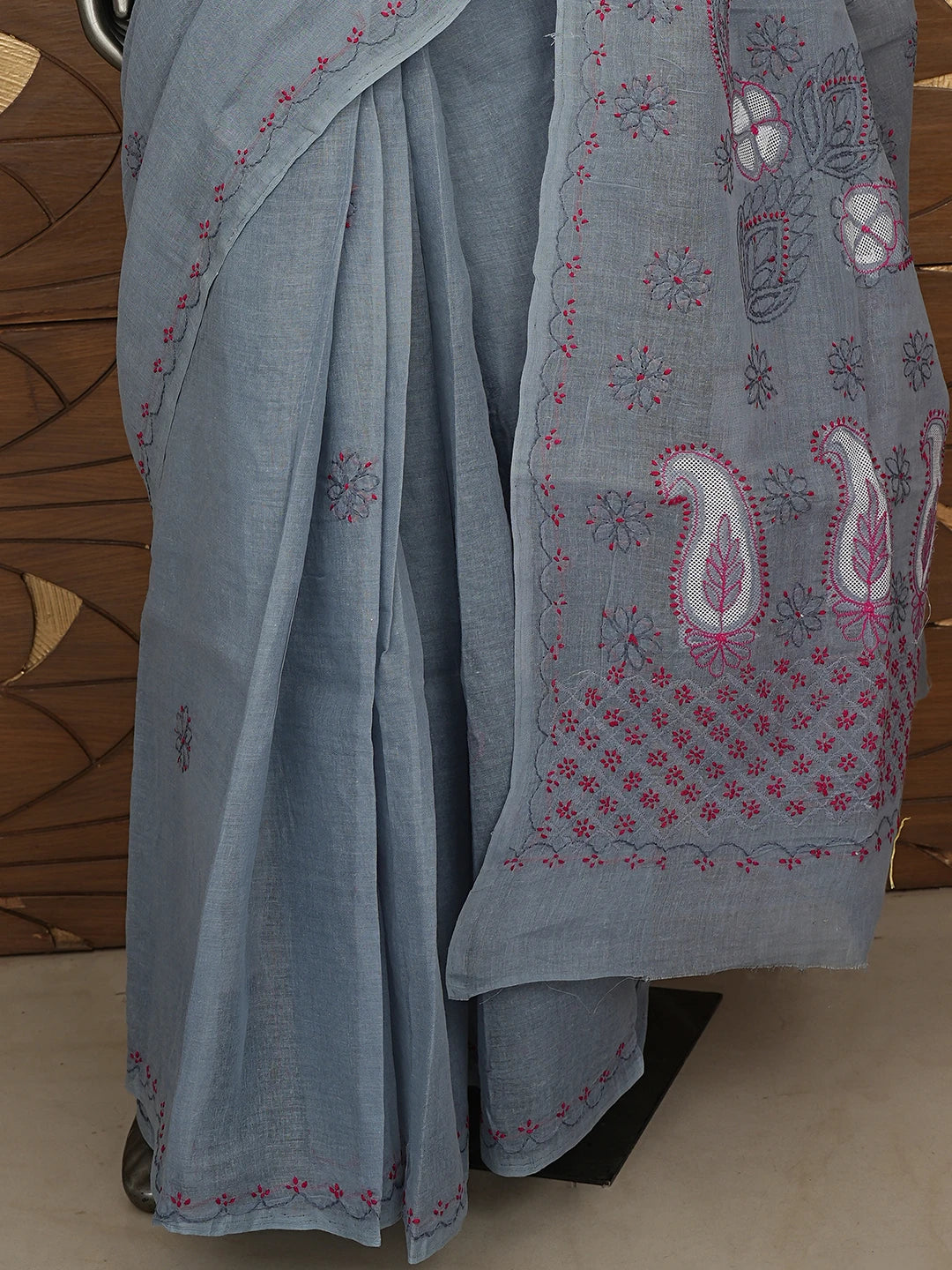 Ada Hand Embroidered Slate Grey Cotton Lucknowi Chikankari Saree and Blouse 01A891807