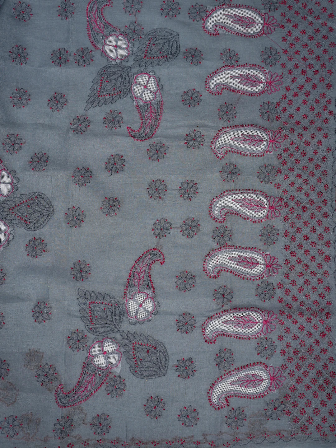 Ada Hand Embroidered Slate Grey Cotton Lucknowi Chikankari Saree and Blouse 01A891807